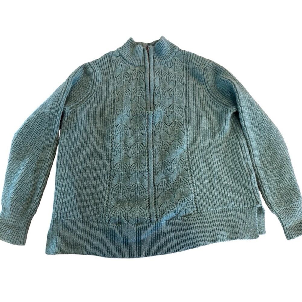 WoolOvers Women M Teal Lambswool Cotton Cable Knit Quarter Zip Sweater